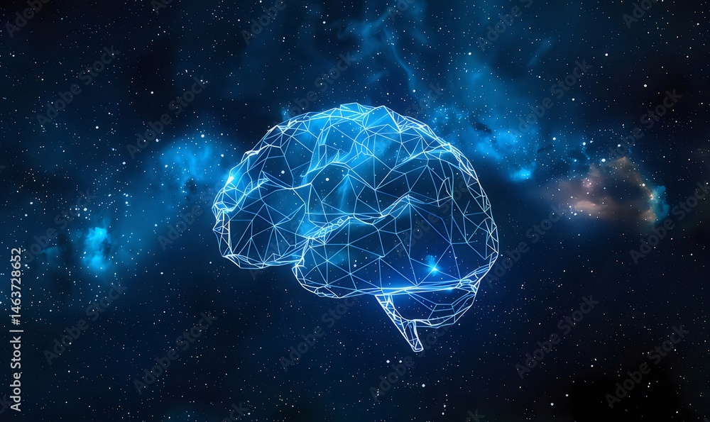 Aufkleber 青い脳のグリッドと星雲を持つ宇宙背景における抽象的な人工知能ネットワーク