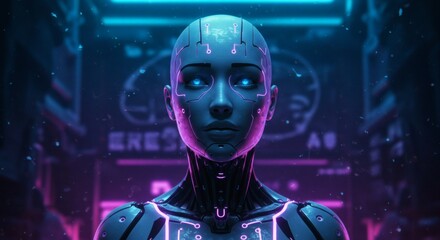Futuristic Female Android with Glowing Circuits in a Neon Lit Environment