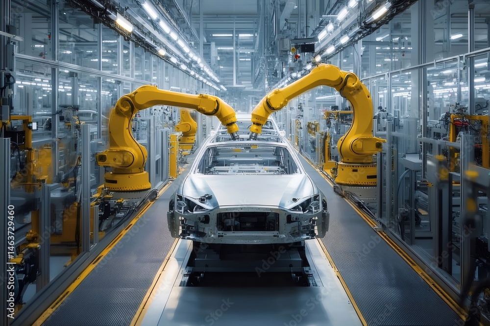 Poster 自動車工場の自動化ロボットアームによる車体組み立てライン製造プロセスイノベーション技術と産業機械の生産