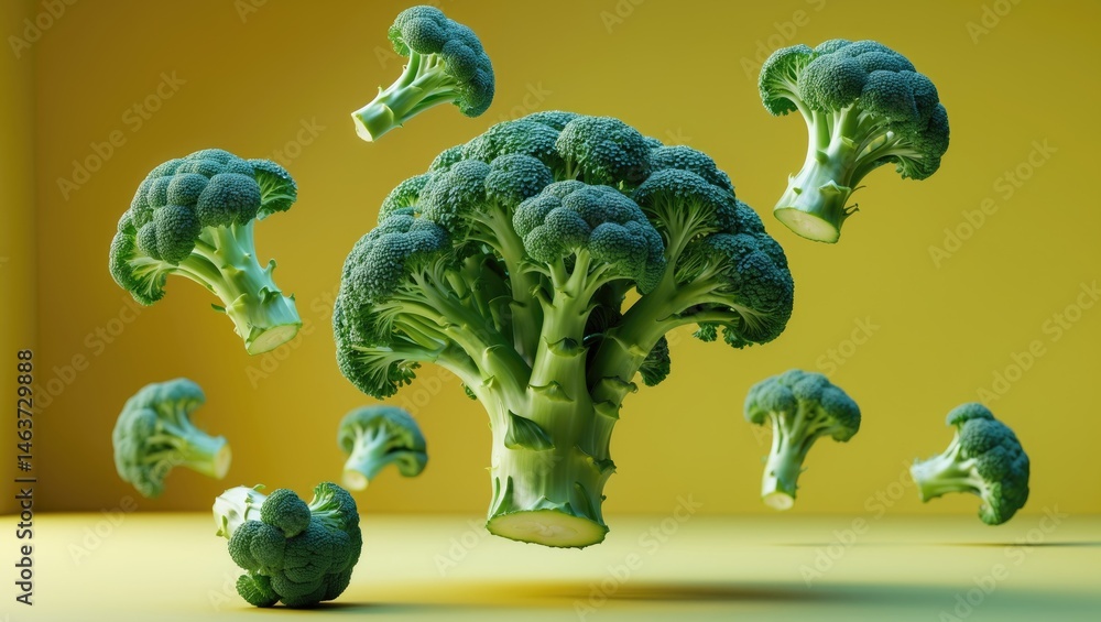 Poster raw broccoli cabbage floating in the air on a plain background, high resolution