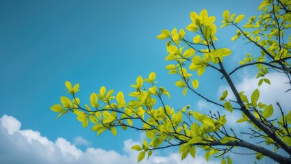 Young bright green leaves on tree branches set against a blue sky backdrop, focused image