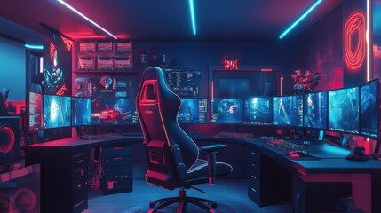 Fototapeta premium High-tech gaming setup with multiple monitors and neon lights