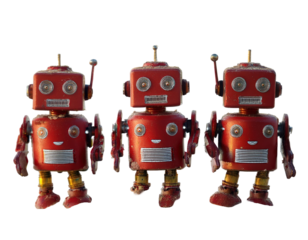 Three Vintage Red Toy Robots Smiling Together in a Playful Setting on transparent background