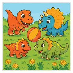 Fototapeta premium Cute Cartoon Dinosaurs Playing Coloring Book Pages and Colored Versions for Kids