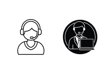 Customer service representative icons in minimalist design with headset and laptop concepts