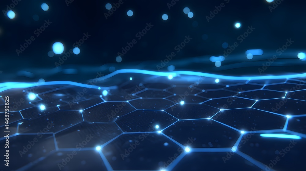Poster abstract hexagonal pattern with blue light and glowing effect