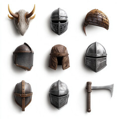 Horned helmet, knight helmet, leather helmet, chainmail hood, fur helmet, battle axe present bold medieval set of nine detailed game armor icons that spark adventure with realistic texture