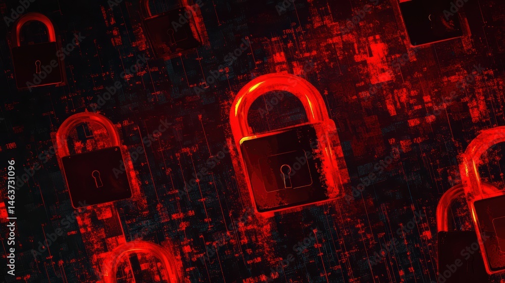 Poster cybersecurity vulnerability detection, red padlocks on digital background