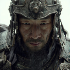 Helmet armor warrior battle cinematic closeup headshot male â€“ fierce determination sharpens his gaze as he steels himself for combat, capturing intense moment of courage in dramatic low light