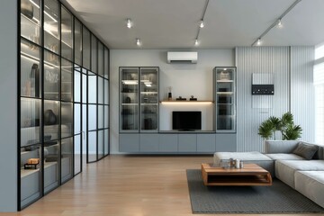 Modern Living Room Interior Design with Glass Cabinets
