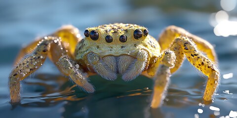 Close-up of a vibrant yellow jumping spider on water