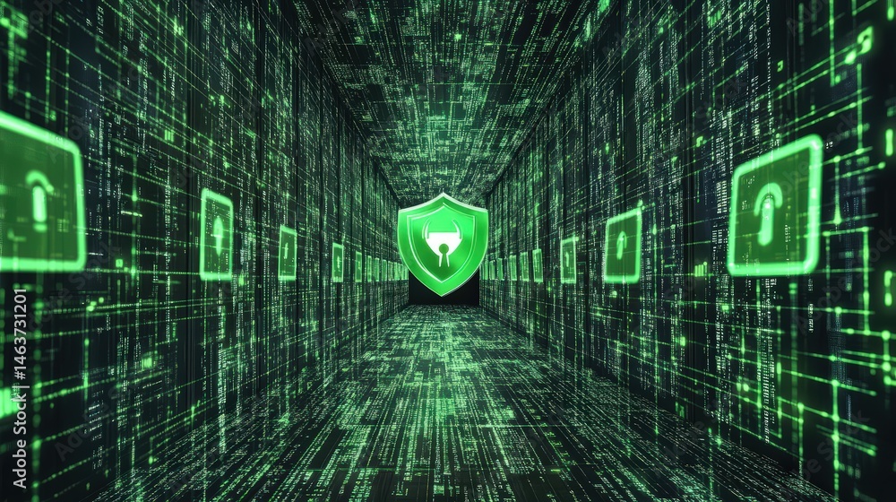 Poster cybersecurity shield protection in digital space matrix abstract design
