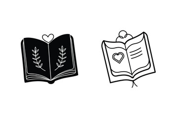 Two hand drawn books in black and white with love and nature inspired decorations