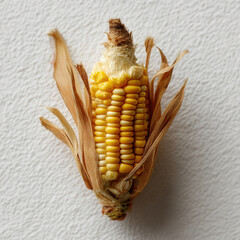 Partially shucked ear corn piece cut reveals warm golden kernels against rustic husk backdrop in sharp natural detail, evoking fresh harvest atmosphere with rich texture and farm to table appeal
