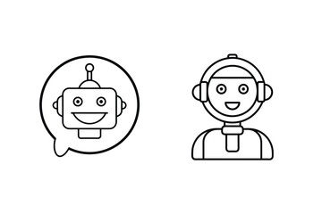 Vector illustration depicting two friendly robots in a simple black and white outlined style