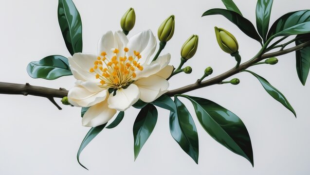 Close-up of orange flower blooming on tree branch with white background