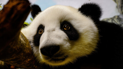 Obraz premium Panda bear closeup animal wildlife macro expressive eye and soft fur details capture gentle mood and natural beauty in this vibrant portrait highlighting texture, emotion, and serene atmosphere