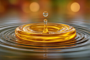 Droplet impact creating ripples in water. Golden liquid splash. Blurred bokeh background. Focus on motion