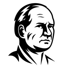 Bold monochrome portrait of a determined man with prominent brow and jowls