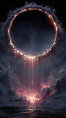 Cosmic ring volcanic portal dark sky glowing lava surreal atmosphere celestial fire ethereal light dramatic circle evokes hyperrealistic void of fiery descent and luminous mist above water