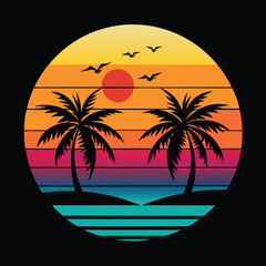 Vibrant Retro Sunset Silhouette with Palm Trees and Ocean Waves