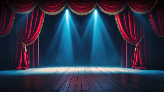 Performance stage with velvet red curtain and lighting in a theater
