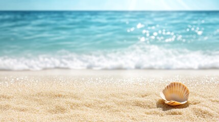Seashell on sandy beach summer ocean wave background
