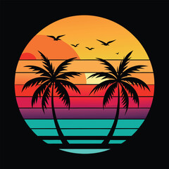 Vibrant Retro Sunset Silhouette with Palm Trees and Ocean Waves