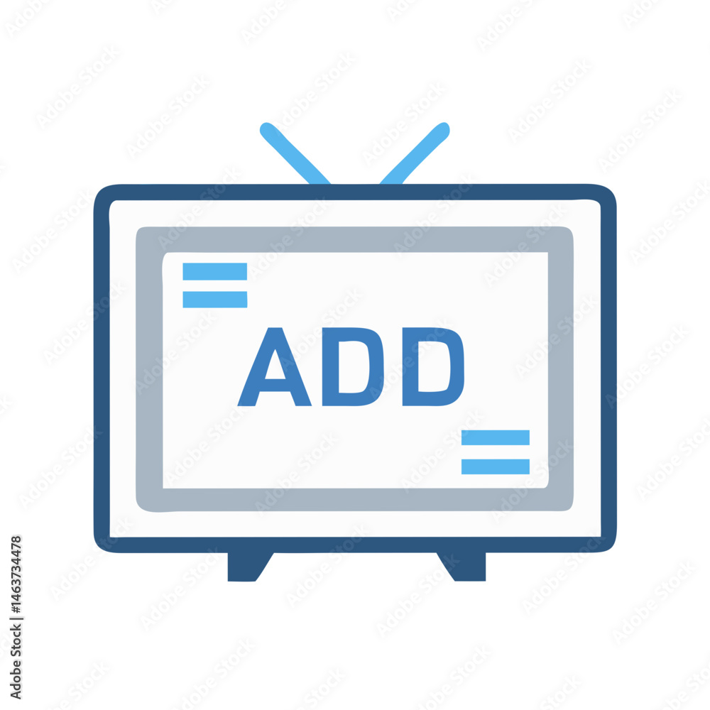 Poster television with ad display icon representing broadcast advertising and media promotion