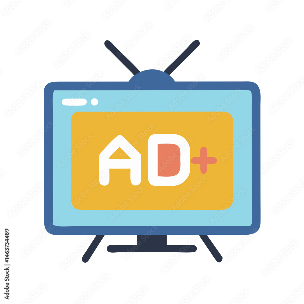 Poster television with ad display icon representing broadcast advertising and media promotion