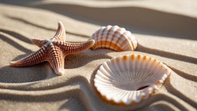Nature-inspired sand texture featuring seashells and starfish