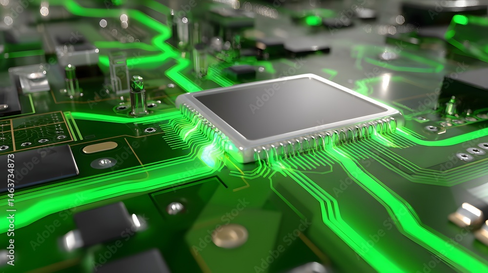 Poster macro view of circuit board with green led lights and microchip
