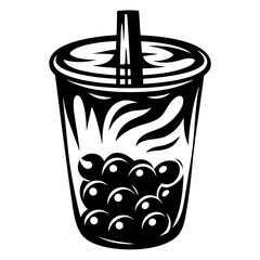 Monochrome illustration of a bubble tea drink with tapioca pearls inside