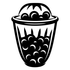Stylized black and white illustration of a full bucket with round contents
