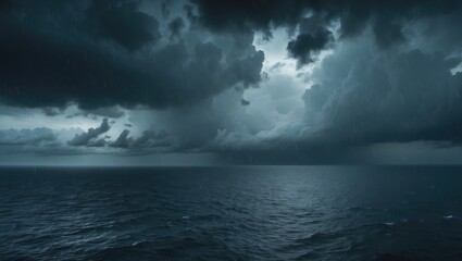 Dramatic panoramic scene of storm clouds, rain, and powerful waves over the sea