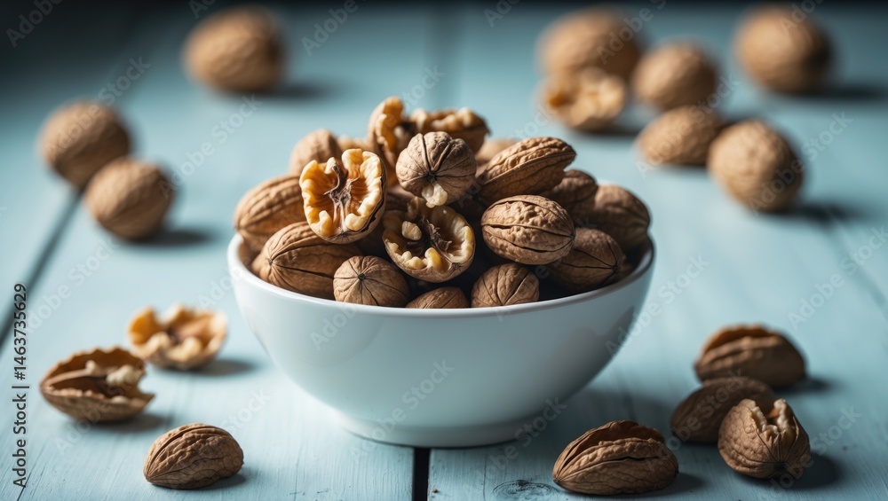 Poster fresh walnuts with shells and kernels in a natural setting