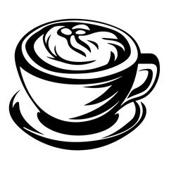 Stylized Black and White Coffee Cup Illustration with Latte Art Design