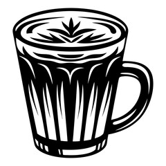 Black and white illustration of a coffee cup with floral design