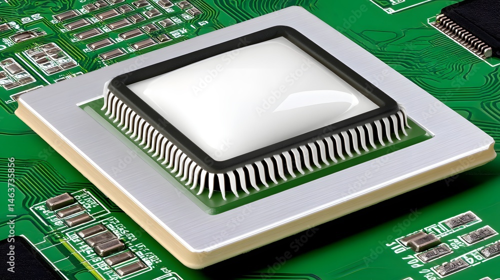 Poster close-up of microchip on green circuit board with sharp details