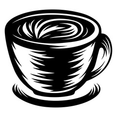 Stylized black and white coffee cup with swirling foam design, delicious beverage