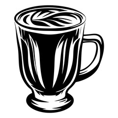 Stylized monochrome illustration of a latte with floral latte art in glass