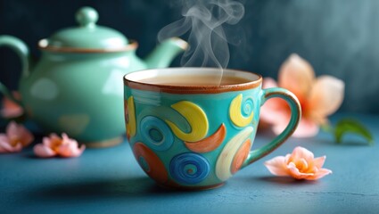 Fototapeta premium Cup of Indian Chai and Milk Tea Against a Vibrant Backdrop