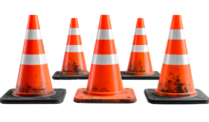 5 traffic cones isolated on a transparent background PNG
