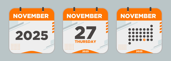 Modern Calendar icon. November. 2025 27 day. The concept of waiting for an important date. Day calendar with date November 27. Cheklist day calendar. Vector illustration.