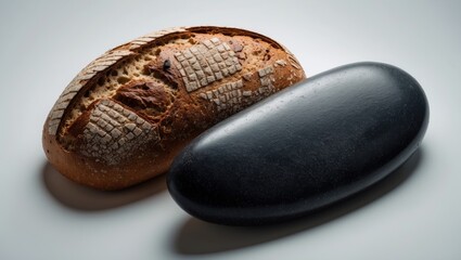 Fototapeta premium Whole rye bread loaf fresh and whole, seen from the top against a plain background