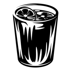 Stylized black and white image of a drink with citrus slices in glass
