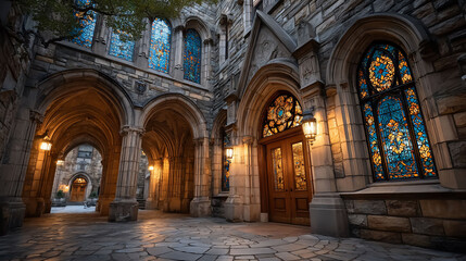 Fototapeta premium Elegant stone cathedral entrance, with colorful stained-glass windows, arched walkways and lights