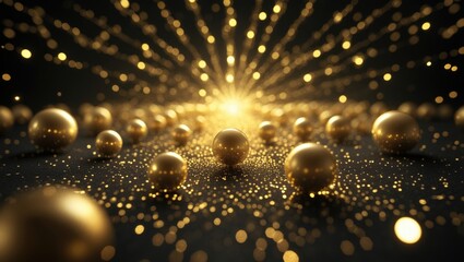 Deep space glowing sparks and yellow glitter on a black background with golden bokeh, shining particles, and sparkling dust