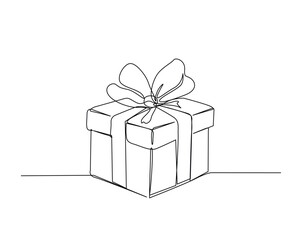 Gift box or present box outline drawing illustration. one continuous line drawing of gift box with ribbon.