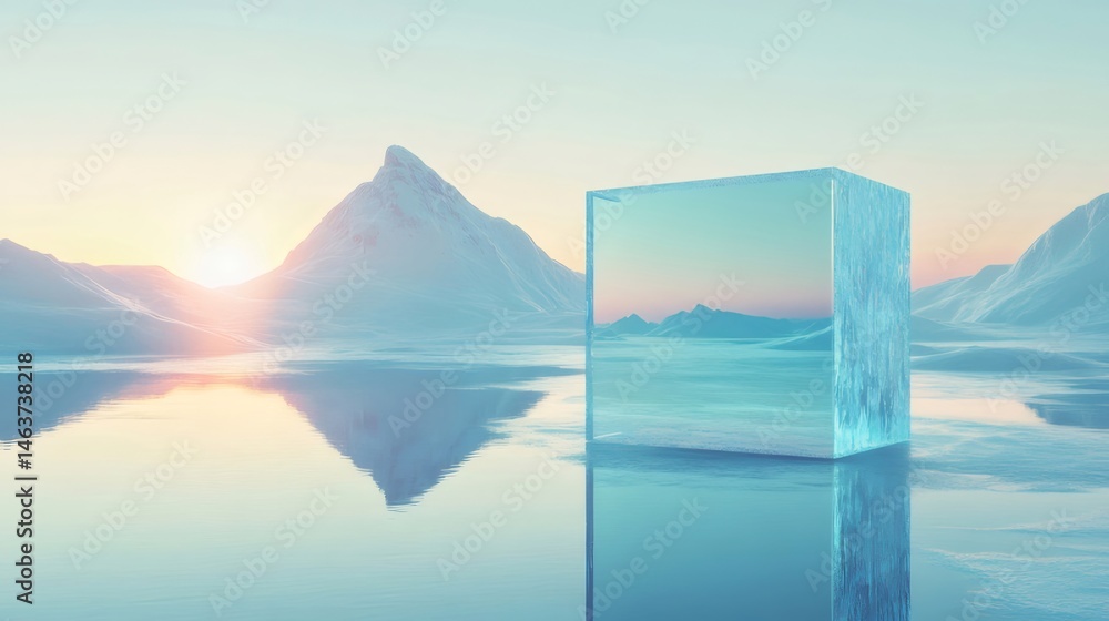 Poster 水面に反射する氷の立方体と雪山の日の出の景色 寒色のパノラマ風景